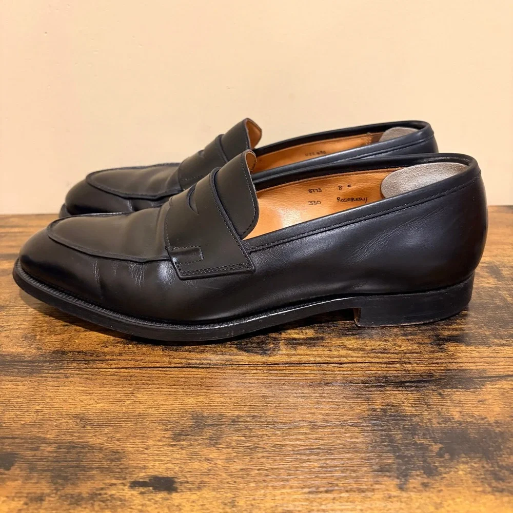Crockett & Jones Rosebery Black Leather Penny Loafers Mens 8.5 E Made in England